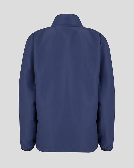 Back view of navy peacoat junior woven pre match jacket showing a clean silhouette and high collar.