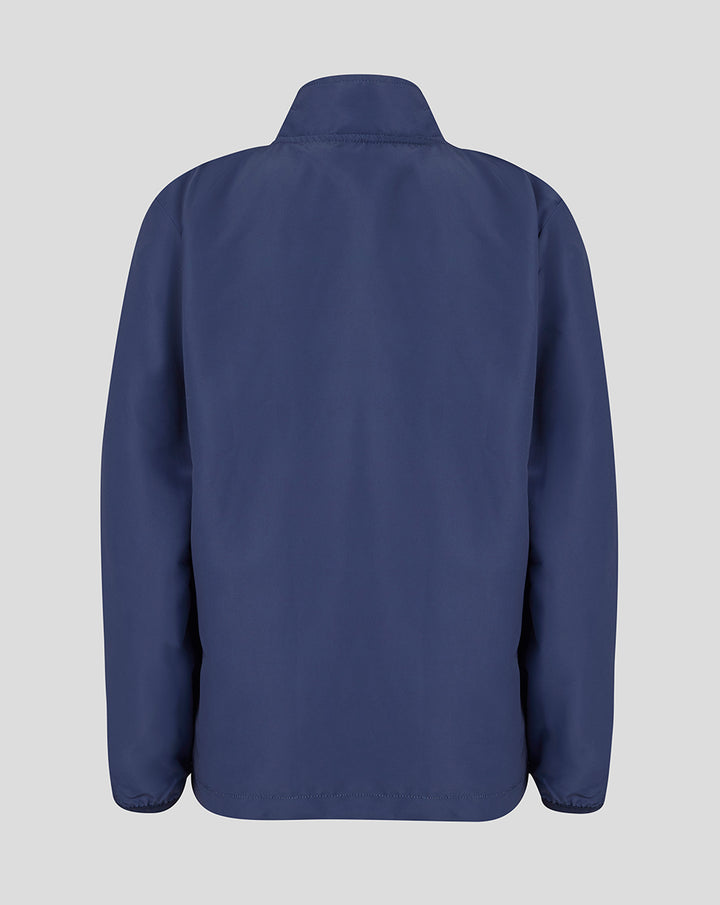 Back view of navy peacoat junior woven pre match jacket showing a clean silhouette and high collar.