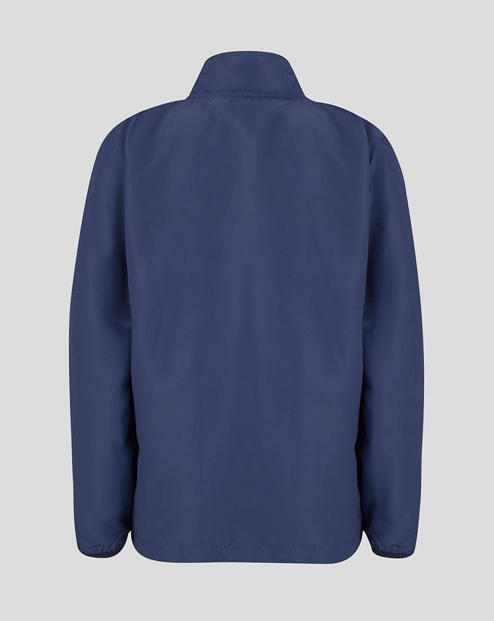 Back view of navy peacoat junior woven pre match jacket showing a clean silhouette and high collar.