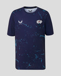 Navy short sleeve performance T-shirt with blue splatter pattern and White Rose crest on the chest.