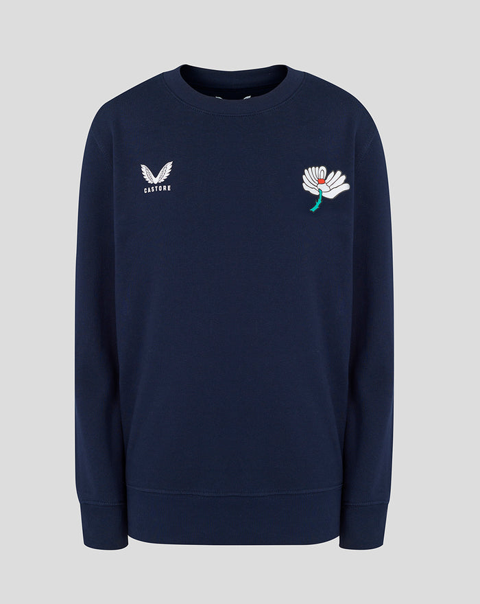 Front view of navy Junior 26/27 Crewneck Sweatshirt with the Yorkshire CCC crest and Castore logo on the chest