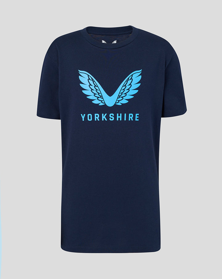 Navy junior T-shirt with bold light blue wing graphic and YORKSHIRE text across the chest