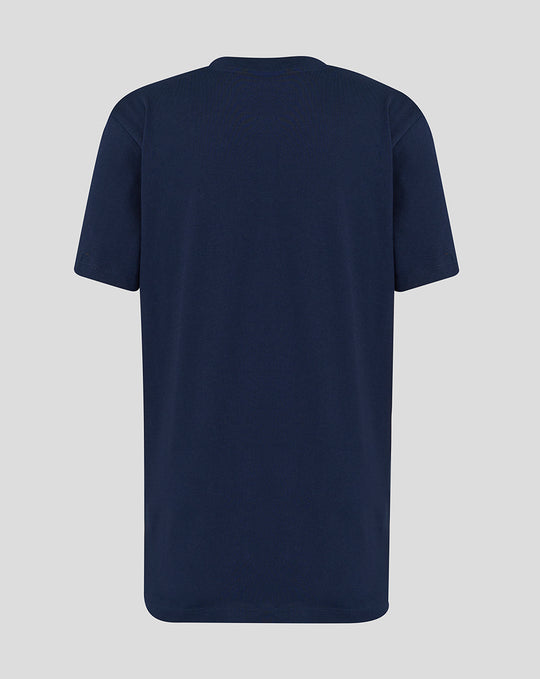 Back view of navy crew neck T-shirt with short sleeves