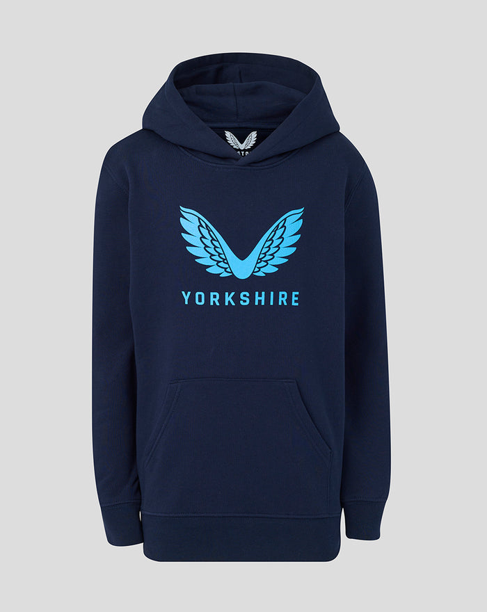Navy hoodie with large blue wing logo and YORKSHIRE text on the chest and a front pocket.