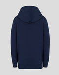 Back view of navy Junior Wings Hoodie showing plain fabric with hood and ribbed hem