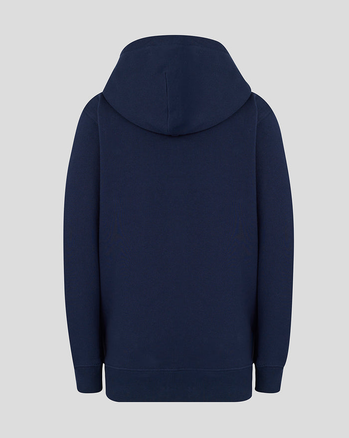 Back view of navy Junior Wings Hoodie showing plain fabric with hood and ribbed hem