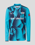 Front view of Junior 26/27 OD Long Sleeve Jersey in turquoise with a bold geometric navy print and SEAT UNIQUE logo.