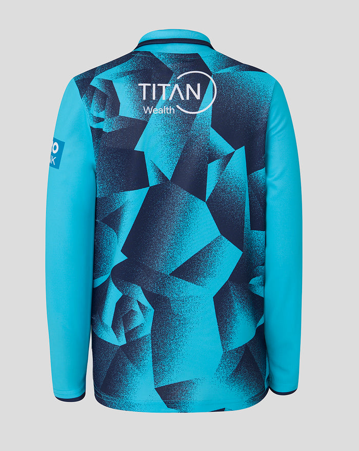 Back view of Junior 26/27 OD Long Sleeve Jersey featuring Titan Wealth logo and blue geometric pattern.