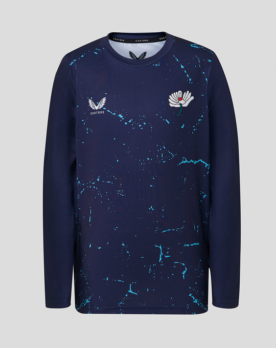Junior 26/27 Long Sleeve Performance T-Shirt in peacoat with blue splash pattern and Castore branding