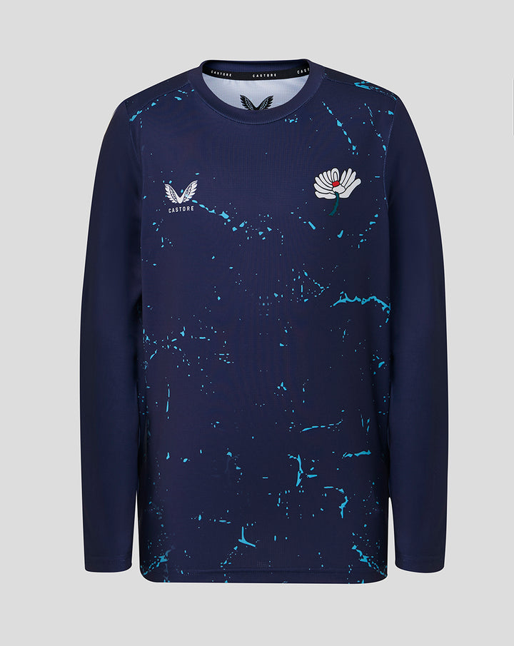Junior 26/27 Long Sleeve Performance T-Shirt in peacoat with blue splash pattern and Castore branding