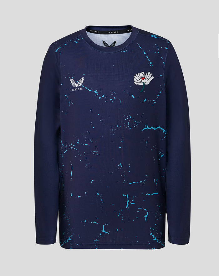 Junior 26/27 Long Sleeve Performance T-Shirt in peacoat with blue splash pattern and Castore branding