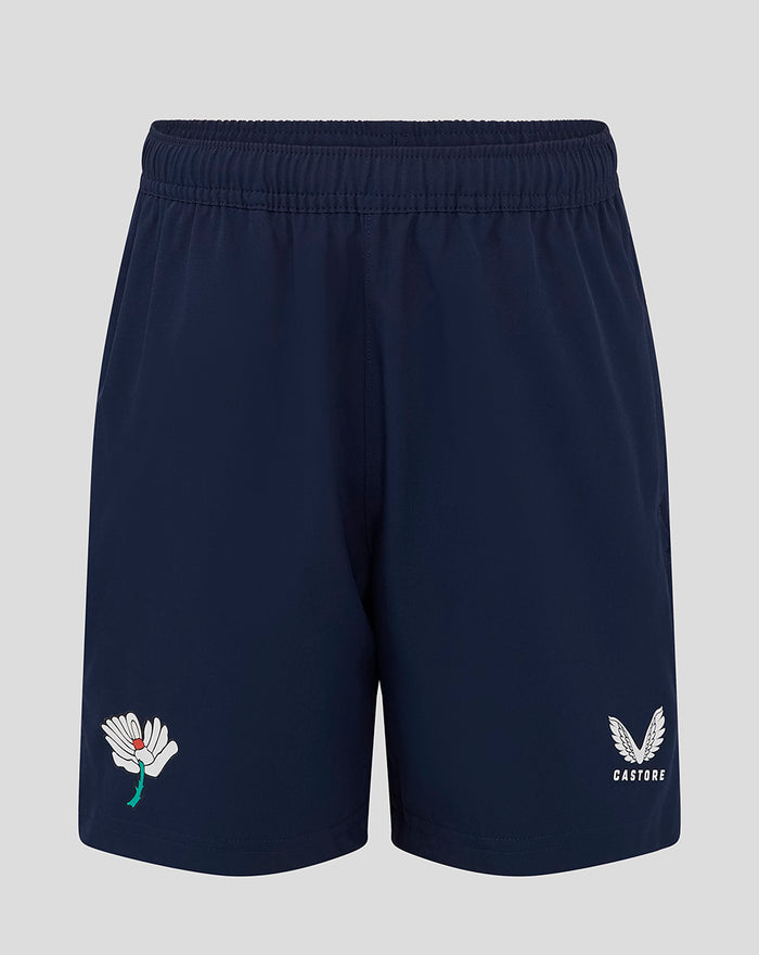 Navy woven training shorts with zip pockets, left leg white flower embroidery and right leg white wing logo with Gastore text.