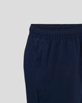 Side view of navy training short featuring a zip pocket along the seam and neat stitching