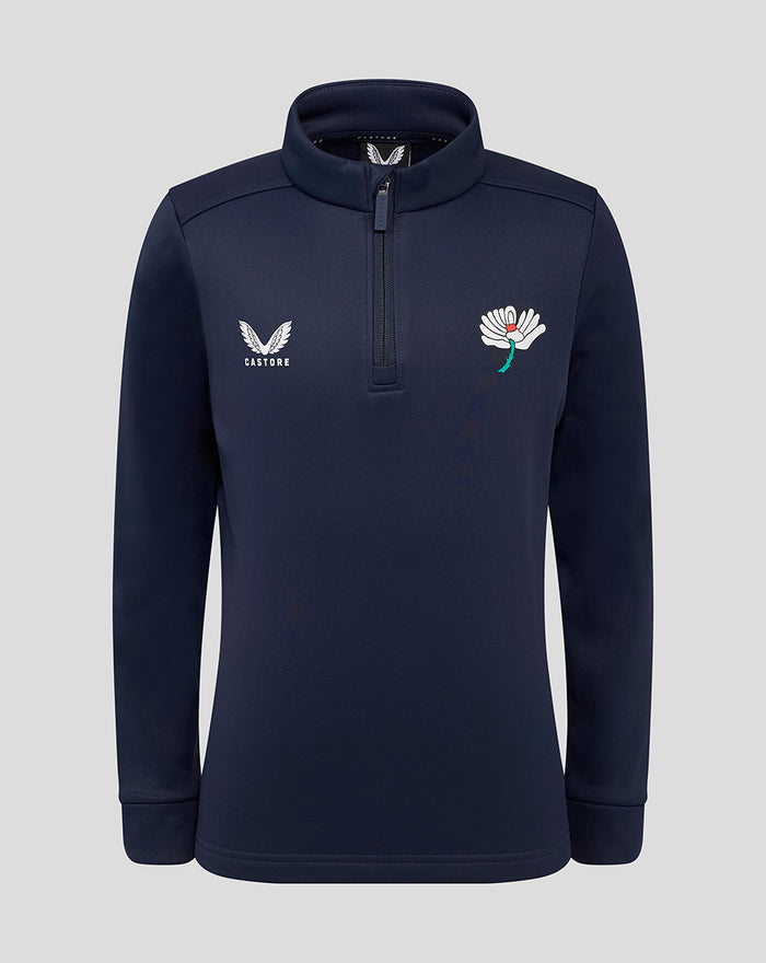 Navy juniors Yorkshire fleece quarter zip with Castore wing logo on left chest and white flower emblem on right chest.