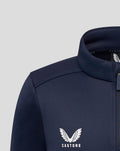 Close up of navy fleece jacket showing Castore logo on chest and zip detail.