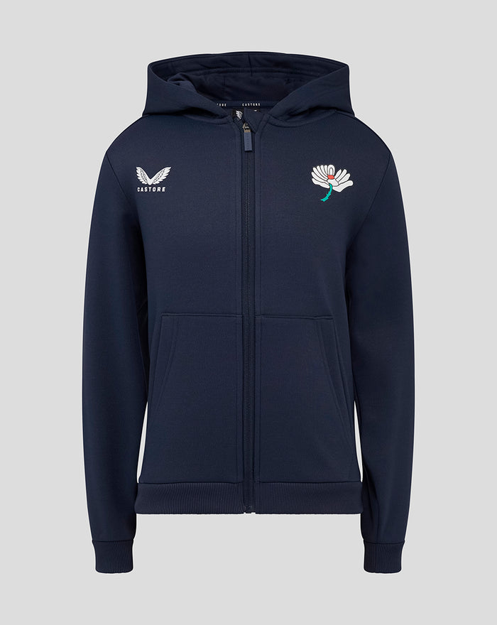Navy juniors Yorkshire zip through brushback hoodie with hood front zip and chest logo