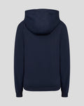 Back view of navy Yorkshire brushback hoodie with hood and ribbed hem