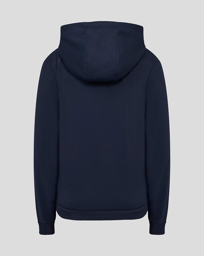Back view of navy Yorkshire brushback hoodie with hood and ribbed hem