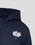 Close up of navy hoodie chest showing the white wing Castore logo with turquoise accent.