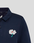 Navy juniors Yorkshire short sleeve polo featuring a white flower crest on the chest