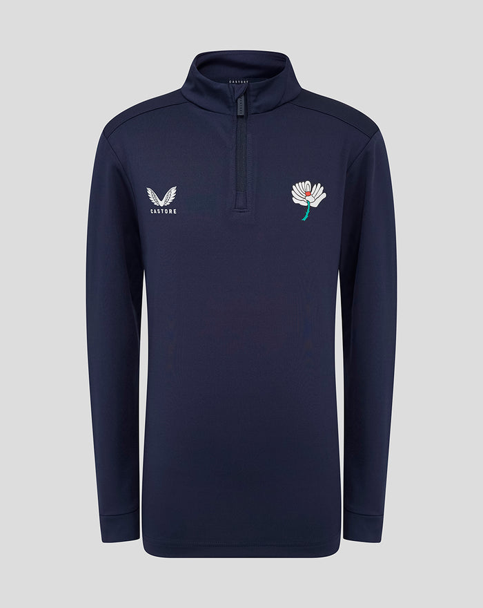Navy juniors Yorkshire Performance 1/4 Zip with wing logo and flower crest on the chest