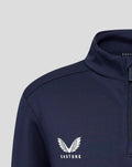 Close-up of navy Yorkshire Performance quarter zip showing CASTORE branding at the neck and wing emblem on the chest