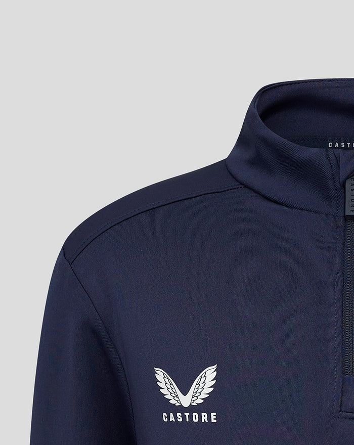 Close-up of navy Yorkshire Performance quarter zip showing CASTORE branding at the neck and wing emblem on the chest