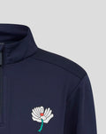 Front view of navy Yorkshire Performance quarter zip with white wing logo on the chest