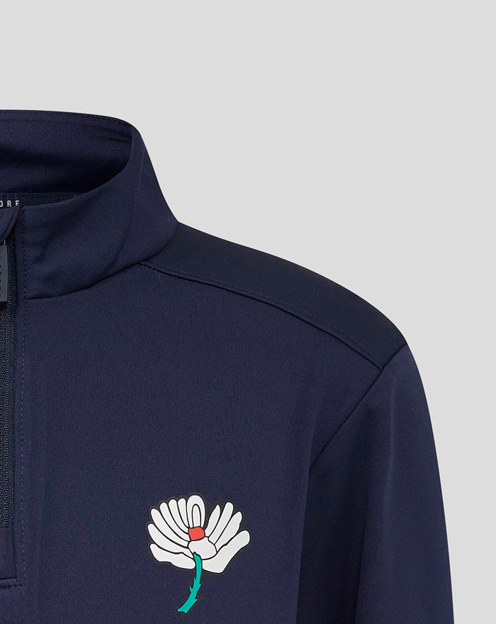 Front view of navy Yorkshire Performance quarter zip with white wing logo on the chest