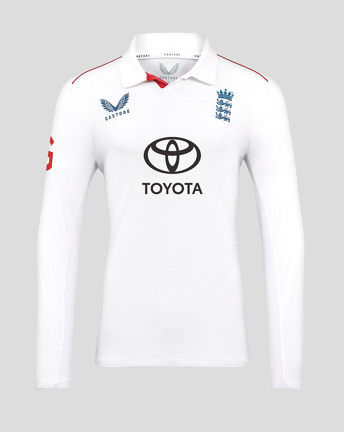 White ECB long sleeve rugby shirt with collar, blue Castore logo left chest, England crest right chest, Toyota sponsor on front.
