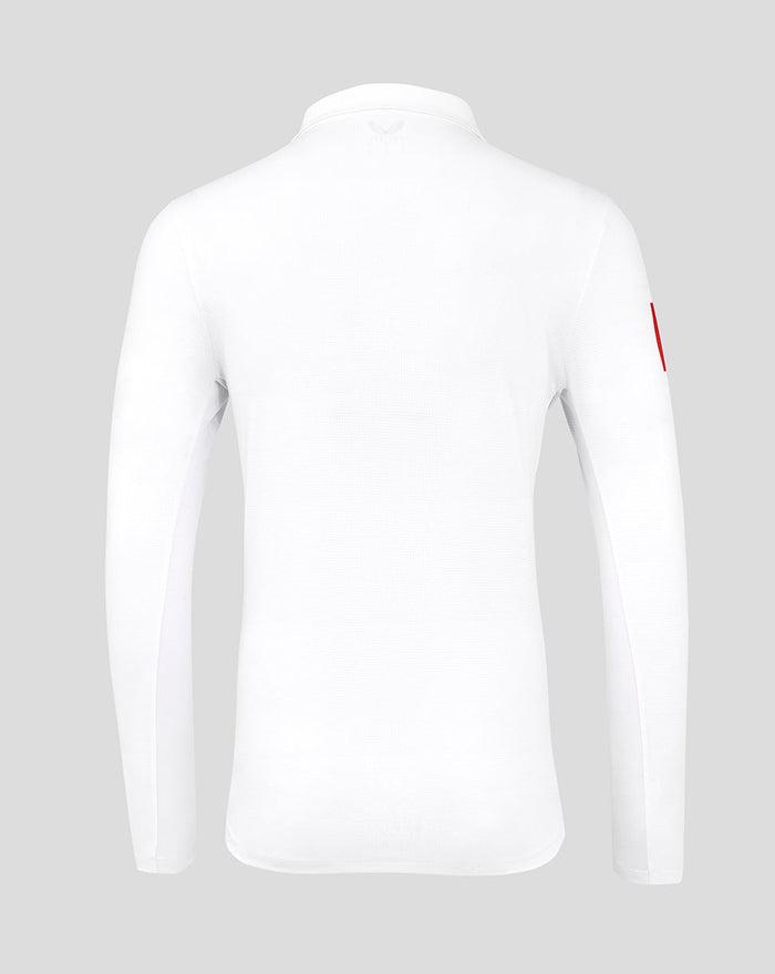 Back view of white ECB long sleeve rugby shirt with collar and subtle textured fabric.
