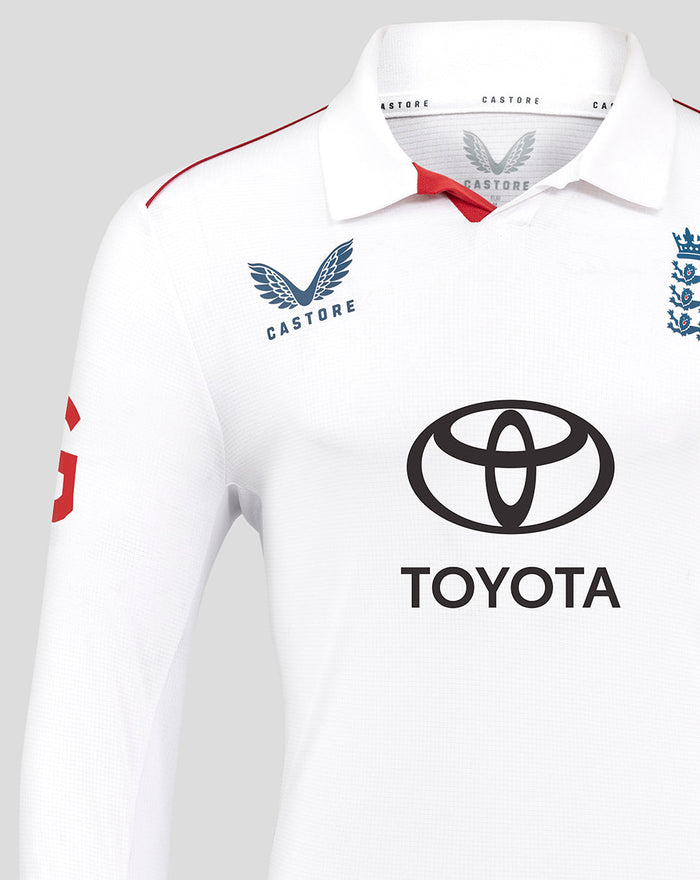 White ECB England cricket long sleeve shirt with Toyota sponsor logo and Castore branding