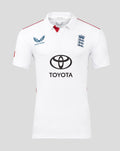 White ECB cricket shirt with Toyota sponsor logo center, England crest on chest, Castore logo, red shoulder piping.
