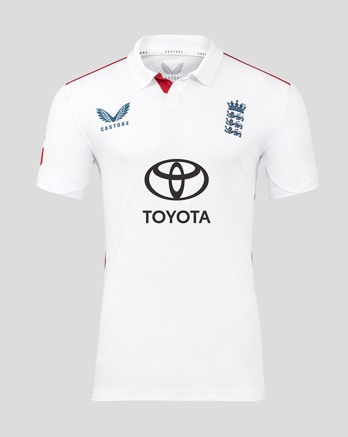 White ECB cricket shirt with Toyota sponsor logo center, England crest on chest, Castore logo, red shoulder piping.