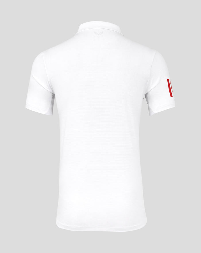 Back view of white cricket polo with collar and small logo at the neckline.