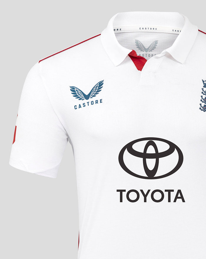 ECB Men's 25/26 Test short sleeve shirt in white with Castore branding and Toyota logo