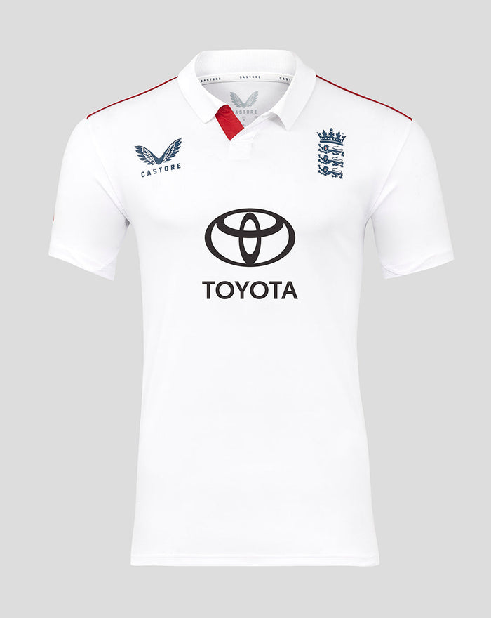 Front view of white ECB cricket shirt with Toyota sponsor logo centered and England crest on chest