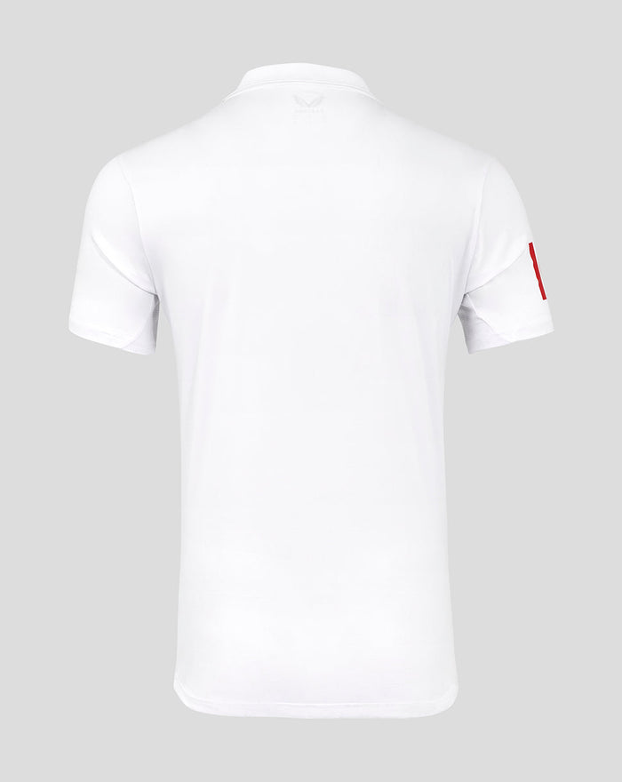 Back view of white ECB replica short sleeve shirt with minimal branding visible at the collar