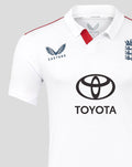 Close up of ECB Test replica shirt showing Castore logo and England badge with red trim at the collar