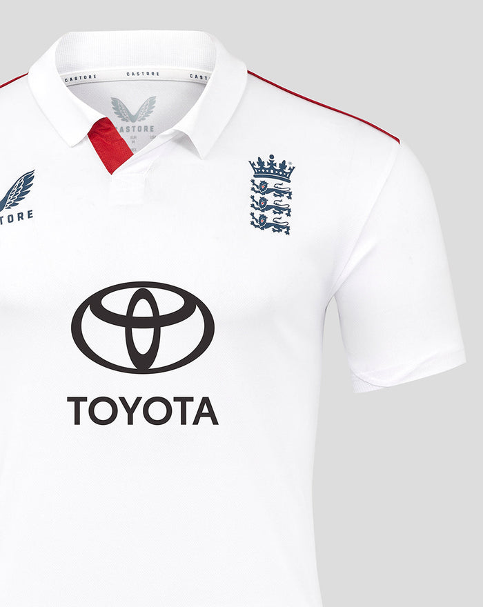 England cricket team white Test replica shirt with Toyota sponsor and England crest on the chest