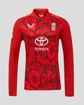 Red ECB men's 25/26 T20 Pro long sleeve cricket shirt with lion print and Toyota logo
