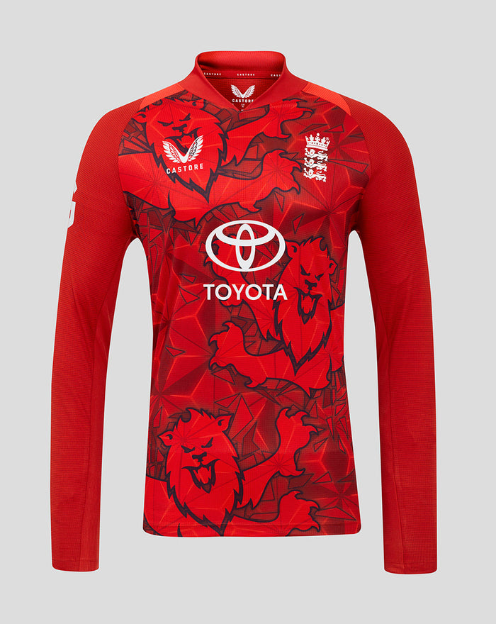 Red ECB men's 25/26 T20 Pro long sleeve cricket shirt with lion print and Toyota logo
