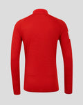 Back view of red long sleeve cricket shirt with textured knit fabric and high collar.
