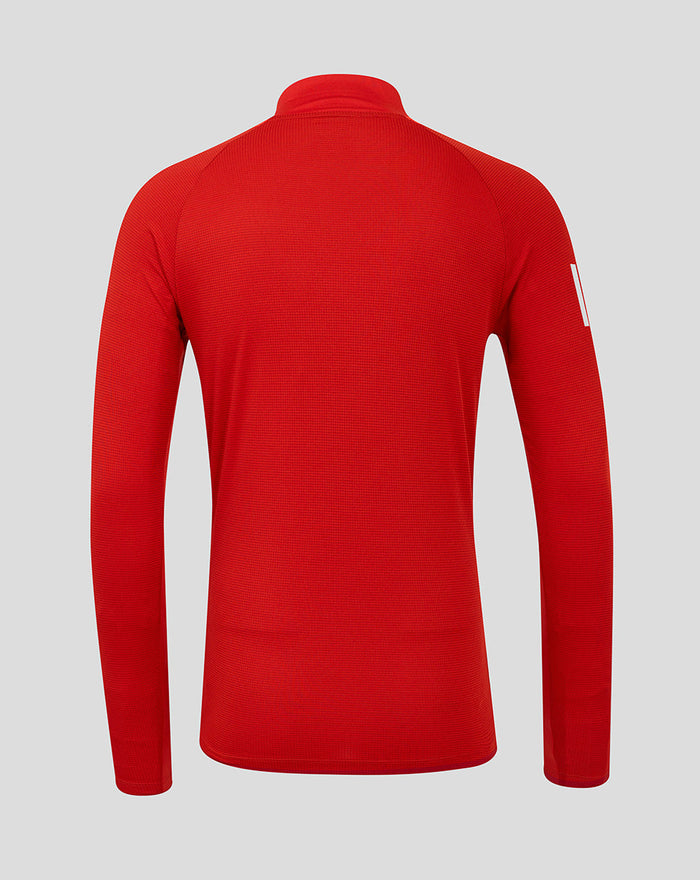 Back view of red long sleeve cricket shirt with textured knit fabric and high collar.