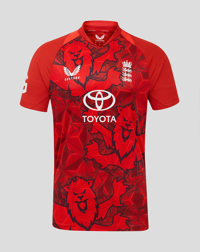 Red England T20 Pro jersey with lion graphics and Toyota sponsor across the front