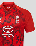 Red England cricket T20 Pro Shirt with bold geometric pattern, white team crest on the chest and Toyota sponsor logo across the front