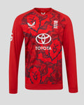 Front view of red England cricket T20 sweater with allover lion motif and Toyota sponsor logo across the chest