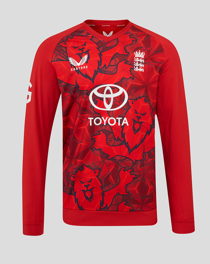 Front view of red England cricket T20 sweater with allover lion motif and Toyota sponsor logo across the chest