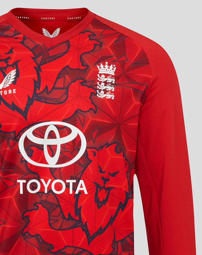 Front view of red ECB Men's 25/26 T20 sweater with Toyota sponsor and England crest amid geometric print.