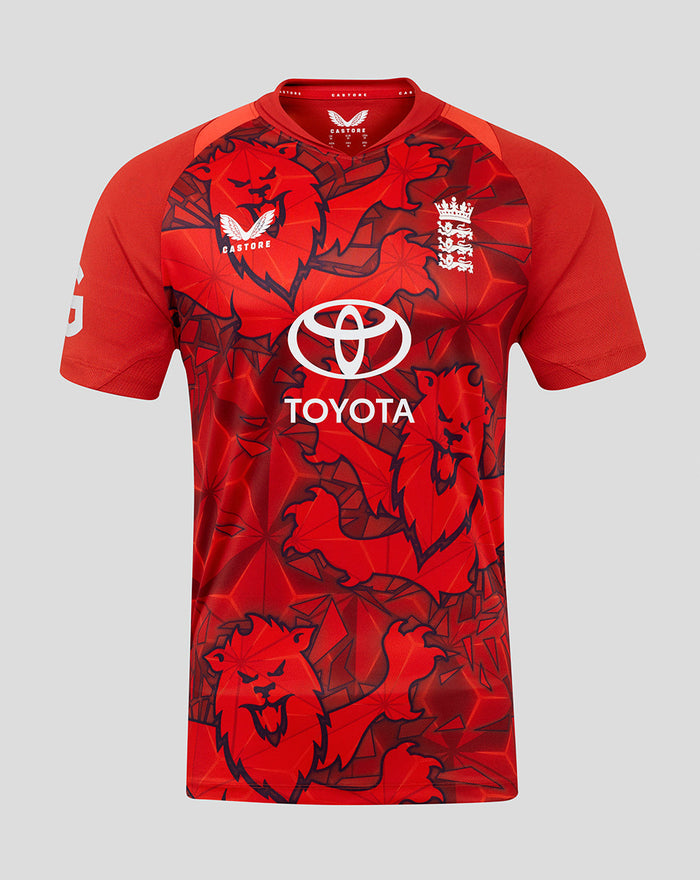 Front view of red England 25/26 T20 replica shirt with bold lion pattern, Castore crest, England badge, and Toyota sponsor